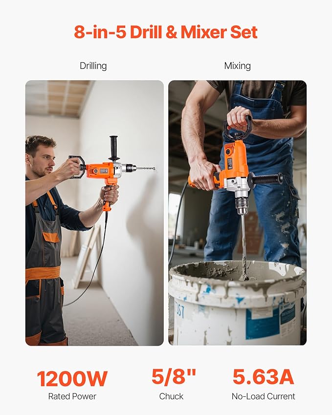 VEVOR Drill Mixer, 5/8 inch Corded Electric Drill Mixer Set, 0-750RPM 5.63A Mixing Drills, Mixing Drills Machine with D-Handle for Drilling & Blending, Handheld Cement Mixers for Fodder, Paint, Cement