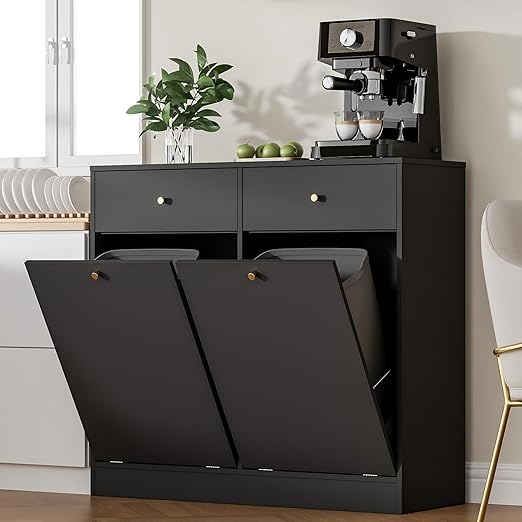 Housoul Double Tilt Out Trash Can Cabinet, Trash Storage Cabinet with 2 Drawers, Hidden Garbage Bin, Free Standing Laundry Sorter Organizer for Kitchen Dining Living Room, Bathroom, Black