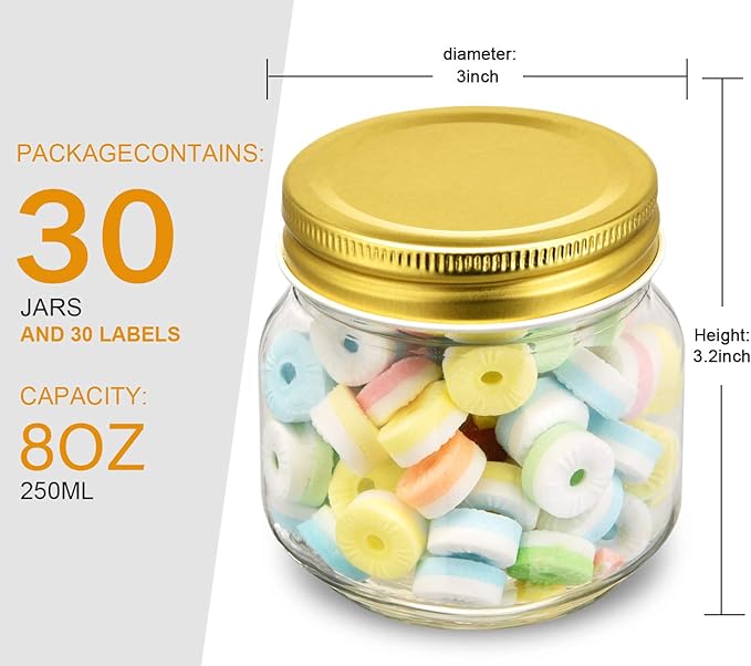 Rainforce Mason Jars 8 oz 30 Pack- Small Mason Jars With Gold Lids -1/4 Quart Canning Jars| Storage Pickling Jars For Jelly, Jam, Honey, Pickles, Spice - With 30 Chalkboard Labels