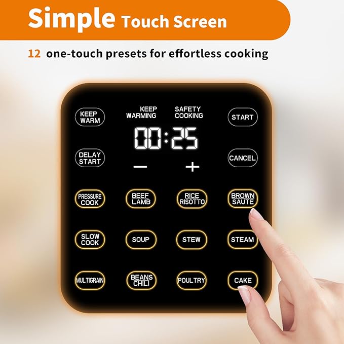 6Qt Electric Pressure Cooker, 9-in-1 Programmable with IMD Touchscreen, Rice Cooker, Slow Cook, Steam, Sauté, Warmer, 24H Delay Start, Non-Stick Ceramic Pot, 1000W, Silver