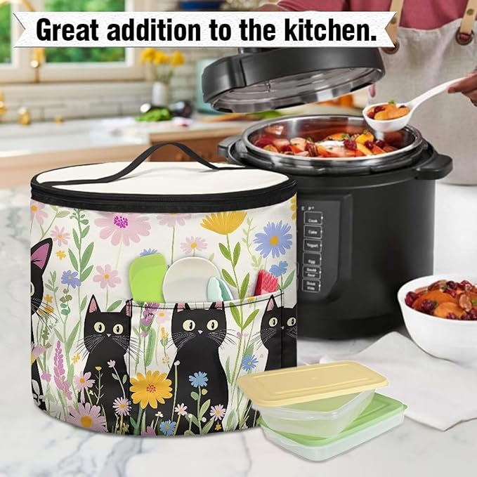 Black Cat Electric Pressure Cooker Storage Bag Wildflower Kitchen Appliance Protective Pressure Cooker Insulation Bag for Women