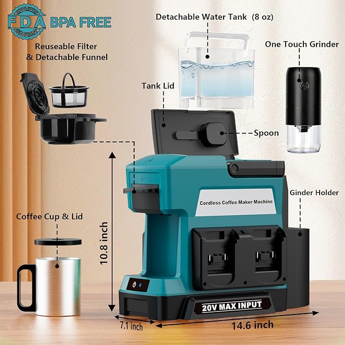 Cordless Coffee Maker for Makita 18V Battery, 3 Brewing Options Drip Coffee Maker with Coffee Grinder, Portable Single Serve Coffee Makers for Camping, Travel, and Jobsite. (Tool Only)