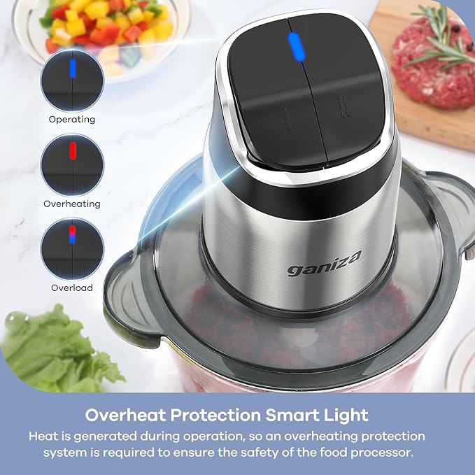 GANIZA Food Processors, Electric Chopper with Meat Grinder & Veggie Chopper - 2 Bowls (8 Cup+8 Cup) with Powerful 450W Copper Motor - Includes 2 Sets of Bi-Level Blades, 2 Plastic Covers