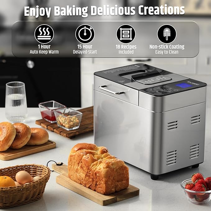 Razorri Bread Maker Machine, 2LB 18-in-1 Programmable Stainless Steel Homemade Bread Machine with Gluten-Free, Auto Nut Dispenser, 15H Delayed-start, 1H Keep Warm, 3 Crust Colors and 3 Loaf Sizes