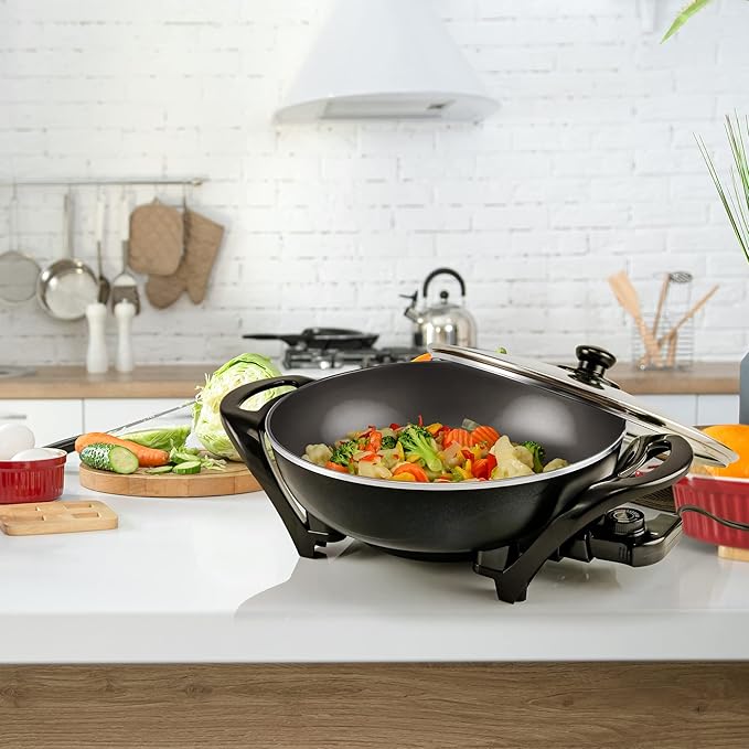 OVENTE Electric Wok with Nonstick Coating, 13 Inch Family-Sized Skillet, 1400W Power, Adjustable Temperature, Tempered Glass Lid, Cool Touch Handles and Easy to Clean Frying Surface, Black SK3113B