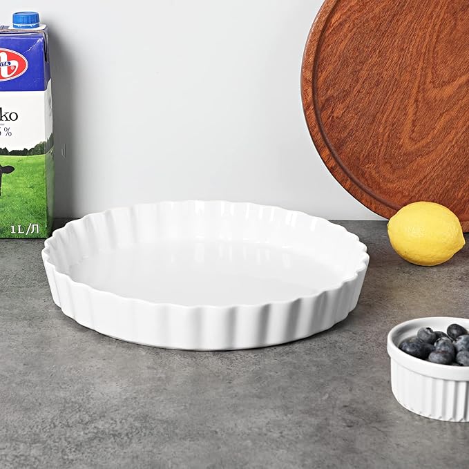 ONTUBE Pie Pans 11 Inches Ceramic Quiche Pans, Round Pie Tins for Baking,Oven Saf (White, 11" x 1 Pieces)