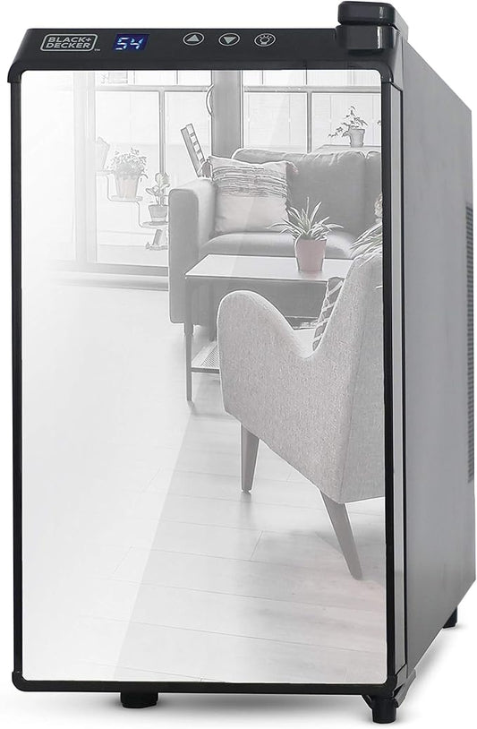 BLACK+DECKER Wine Cooler 8 Bottle,Wine Fridge Thermoelectric with Mirrored Front,Freestanding Wine Cooler Refrigerator &LED Display,BD60326
