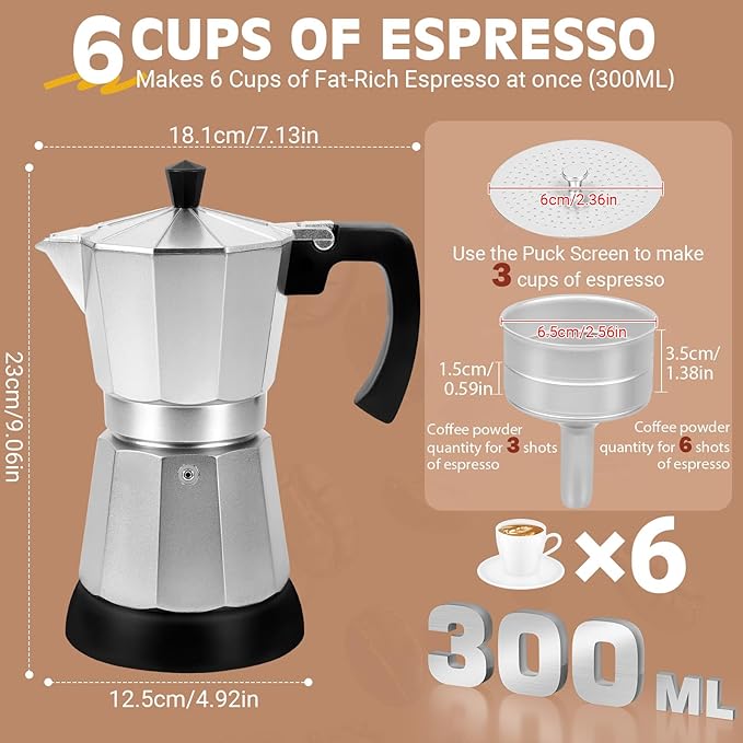 Silver Aluminum Electric Moka Pot, 3 or 6 Cups Espresso Maker with Dose Reduction Plate