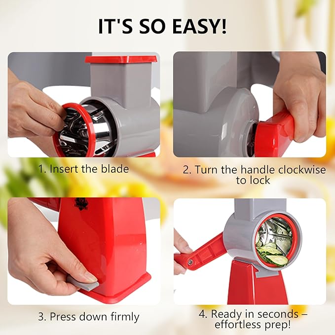 4-in-1 Rotary Cheese Grater Handheld, Lightweight Body with 4 Stainless Steel Blades & Non-Slip Suction Base, for Shredding Parmesan, Slicing Vegetables, Grating Chocolate（Red）
