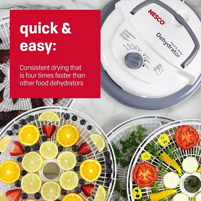 NESCO FD-75A Snackmaster Pro Food Dehydrator, For Snacks, Fruit, Beef Jerky, Gray & LM-2-6 Round Plastic Mesh 13 1/2" Clean-A-Screens, for Dehydrators, 2 Pack