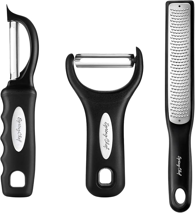 Spring Chef Swivel Vegetable Peeler & Y Peeler with Sharp Stainless Steel Blades & Premium Lemon Zester (Fine Grater) with Handle - 3 Product Bundle - Black