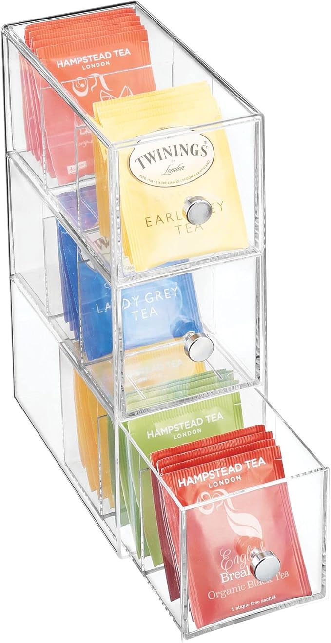 mDesign Plastic Kitchen Pantry, Cabinet, Countertop Organizer Storage Station with 3 Drawers for Coffee, Tea, Sugar Packets, Sweeteners, Creamers, Drink Pods, Packets - 3 Sections - Clear