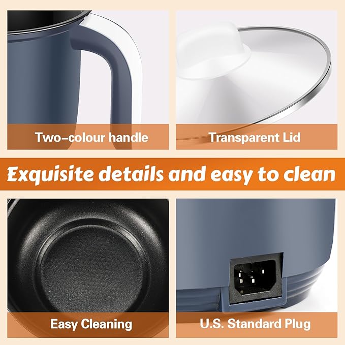 Hot Pot Electric with Steamer, Rapid Noodles Cooker, 55 Oz Stainless Steel Electric Pot for Cooking Dorm, Anti-Dry Burning, Non Stick Portable Electric Pot for Raman Soup Noodles Ect (Single Layer)