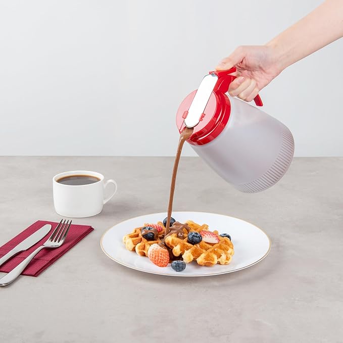 Restaurantware-Chef 101 48 Ounce All Purpose Syrup Dispenser, 1 Honey Dispenser - Red Top, Stainless Steel Slide Cover, Plastic Pancake Syrup Bottle, Perfect For Diners, Restaurants, Home