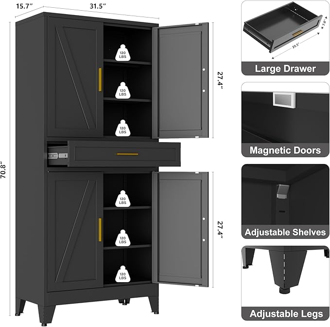71" Tall Pantry Storage Cabinet with Drawer and Adjustable Shelves, Freestanding Tall Kitchen Cupboard Storage Cabinet for Kitchen,Dining Room, Living Room, Black