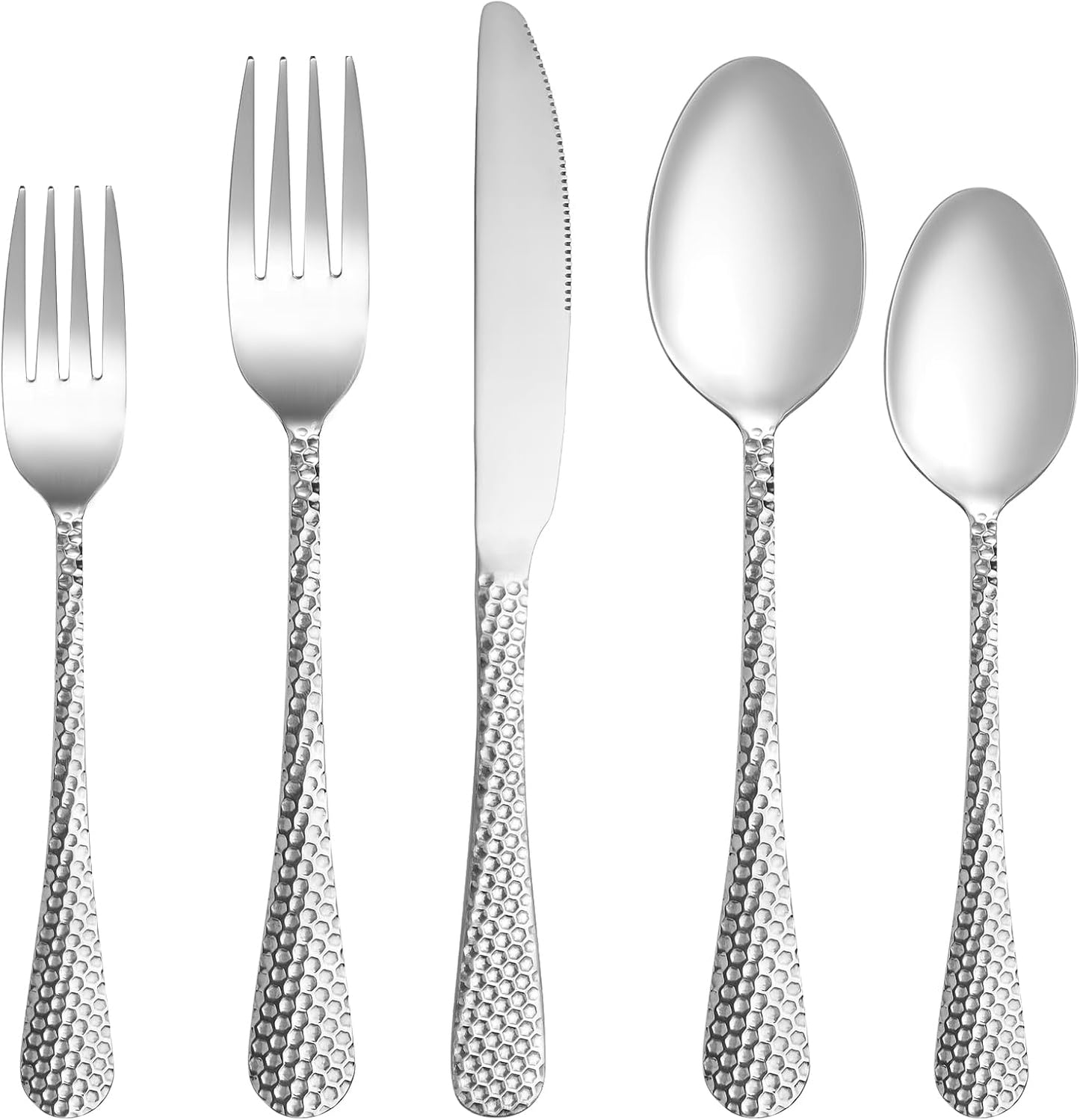 30 Pcs Hammered Silverware Set Service for 6,Stainless Steel Flatware Set,Mirror Polished Cutlery Utensil Set,Durable Home Kitchen Eating Tableware Set,Include Fork Knife Spoon Set,Dishwasher Safe