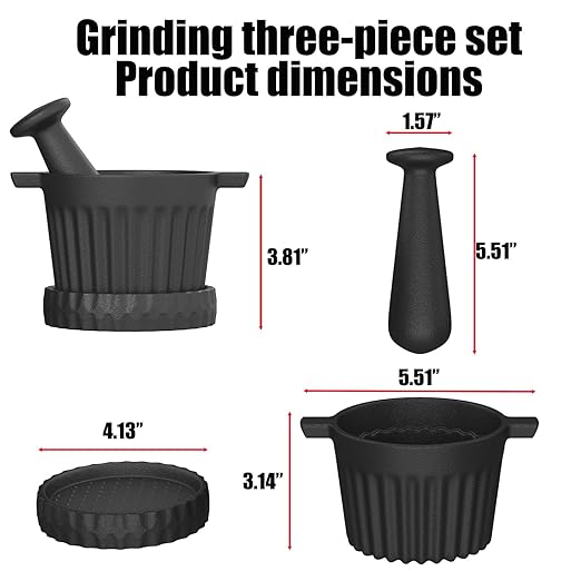 Cast Iron Mortar and Pestle & Garlic Grater Plate Set, Guacamole Bowl and Masher with Bonus Brush/Spoon, Small Mortar and Pestle Set 3-in-1 Crushing Smasher for Kitchen Spices and Pesto