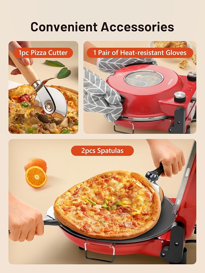 Electric Pizza Oven Indoor with Glazed Ceramic Stone, 12-Inch Portable Countertop Pizza Maker with Adjustable Timer, 1200W Heat up to 800°F Pizza Maker with Viewing Window for Home DIY Pizza