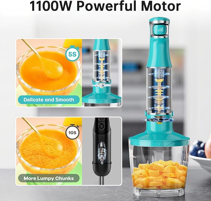 Turelar Immersion Blender Handheld Corded Hand Blenders Set 1100W, Trigger Variable Speed 5 in 1 Stick Emulsifier with Chopper, Whisk and Frother for Soup, Baby Food and Smoothies, Cyan Blue