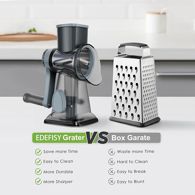 Cheese Grater Hand Crank Rotary Vegetables Shredder with Handle, 3-in-1 Graters with Interchangeable Blades and Strong Suction Base Multifunctional Slicer for Kitchen