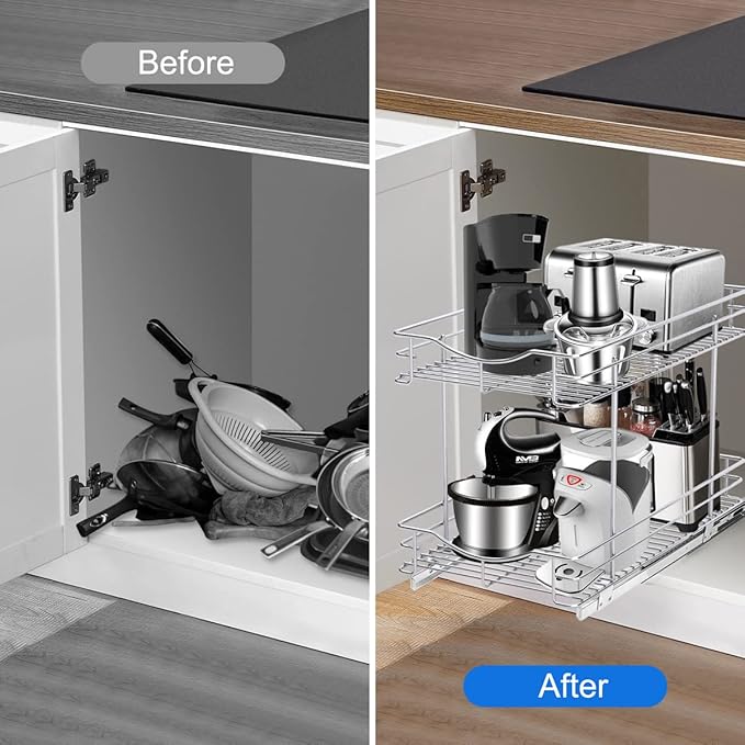 Fulgente Chrome Finish Pull Out Drawer Cabinet Organizer, Professional Wire Frame 2 Tier Heavy Duty Slide Out Kitchen Cabinet Storage Shelves, Sliding Drawer for Cabinet 11"W x 21"D