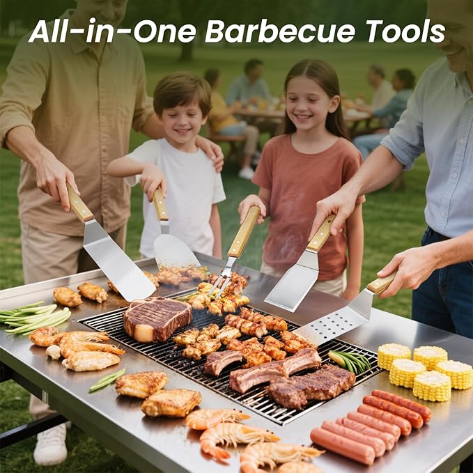 33PCS Griddle Accessories Kit, Flat Top Grill Accessories Set for Blackstone and Camp Chef, Stainless Steel Grill Spatula Set with Enlarged Spatulas, Basting Cover, Burger Press for Outdoor Barbecue