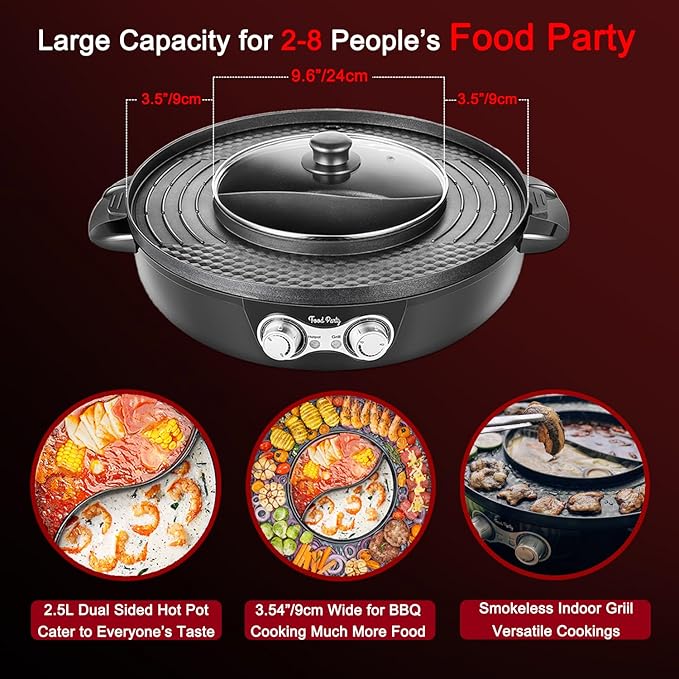 Food Party Hot Pot Electric Korean BBQ Grill 2 in 1 Hotpot Smokeless Indoor Grill Removable Cooking Plate Easy Cleaning 110V 1800W Shabu Shabu Pot with Divider