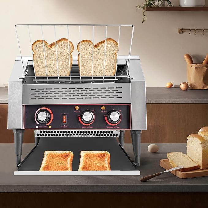 Commercial Conveyor Toaster 2600W, 450 Slices/Hour Stainless Steel Bread Oven with Dual Temp Control & Double Chutes - 7-Speed Adjustable