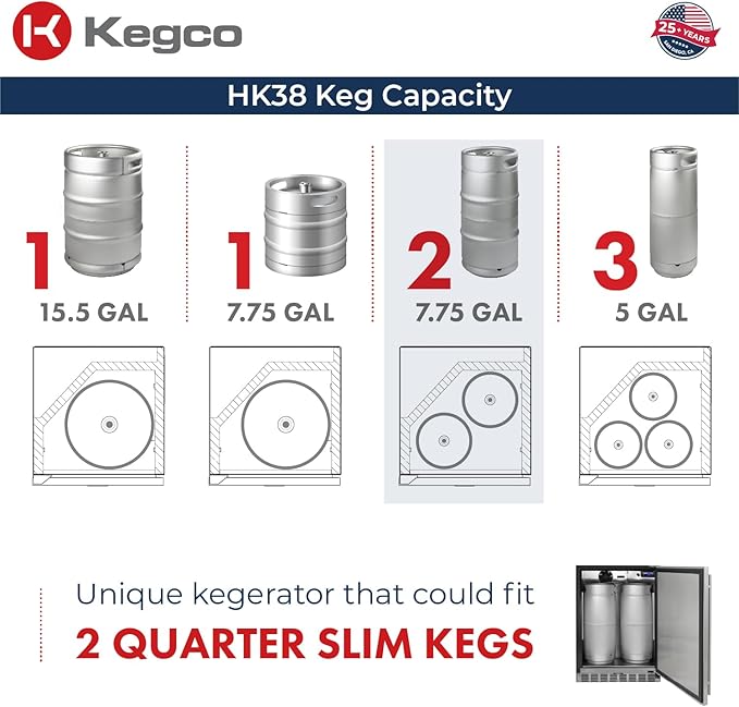 Kegco Kegerator 24" Wide Dual Tap Black/Stainless Steel Undercounter Beer Dispenser HK38BSU-2