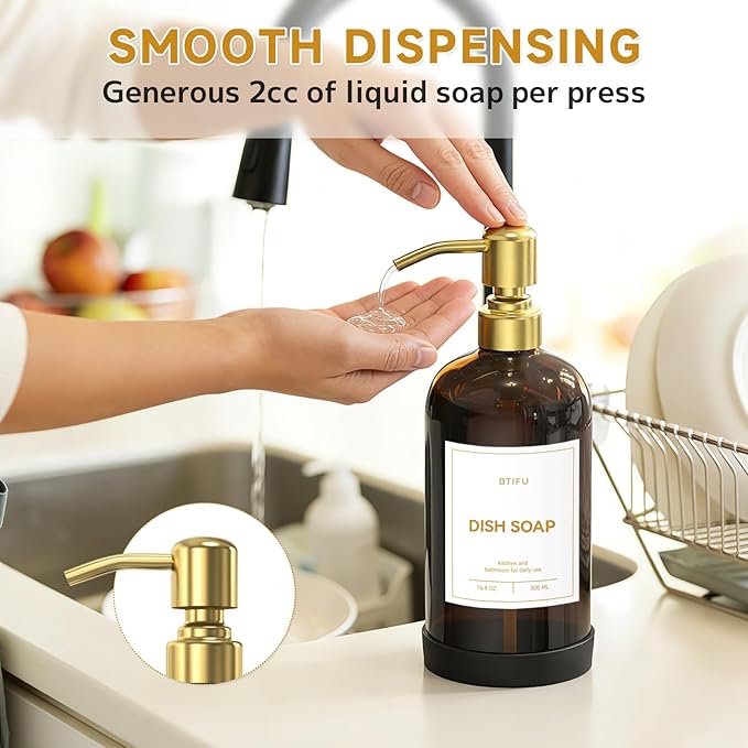 Kitchen Soap Dispenser Set – 16.8oz/500ml Glass Hand and Dish Soap Dispenser with Stainless Steel Pumps & Non-Slip Silicone Base, Luxury Countertop Decor for Home, Airbnb, Office (Amber & Gold)