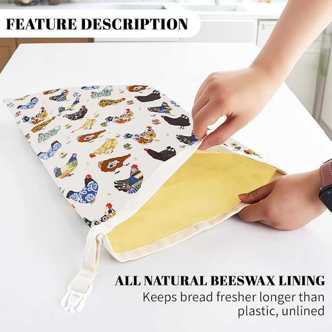 2 Pack Beeswax Bread Bags - 17x13 Inch Reusable Bread Storage Bags,Bees Wax Lined Bread Bags for Home Cooks fresh bread storage Easy Clean (Hen)