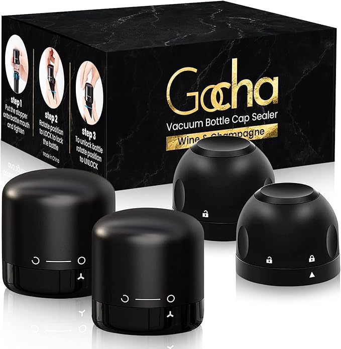 GOCHA | Vacuum Wine & Champagne Preserver Set | Built-in Vacuum Seal Technology | 1.5 inch Silicone Twist Top | Reusable, Leak Proof Cork | (Pack of 4, 2 Wine + 2 Champagne)