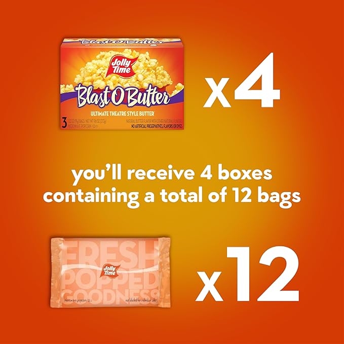 Jolly Time Blast O Butter, Ultimate Movie Theater Butter Microwave Popcorn, 3.2oz Sharing Bag, 3 Bags Per Carton (Blast O Butter, 3.2 Ounce (Pack of 12))