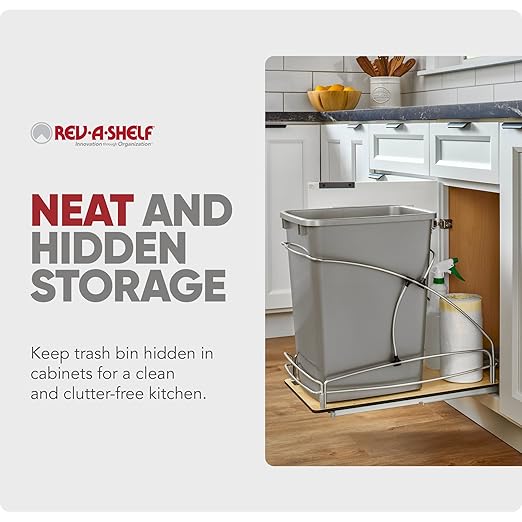 Rev-A-Shelf Steel Bottom Mount Single 35 Quart 8.75 Gallon Waste Bin Trash Container for Under Kitchen Cabinet with Soft Close, Gray, 54WC-1535SC-17-1