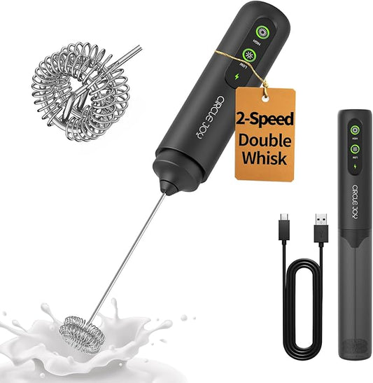 CIRCLE JOY 2-Speed Rechargeable Milk Frother Hanheld, Dual Coil Whisk Head Electric Coffee Frother, Portable Hand Frother Wand Drink Mixer for Matcha Lattes Cappuccino, Kitchen Gifts