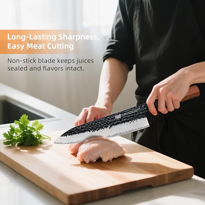 FINDKING Chef’s Knife 8 Inch, All Purpose Cooking Knife with High Carbon Steel Hammered Blade, Rosewood Octagonal Handle, for Meat, Fish, Fruits and Vegetables, Dynasty Series