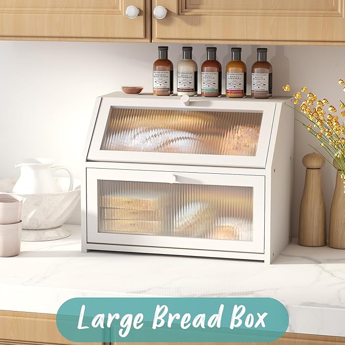 White Bread Box for Kitchen Counter, Large Bamboo Wood Double Layer Bread Box, Wooden Bread Storage Capacity