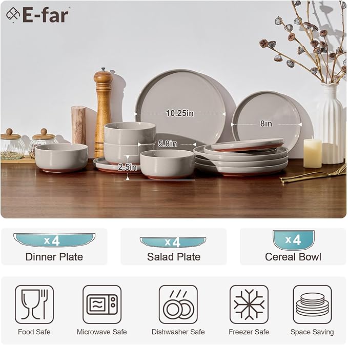 E-far 12-Piece Ceramic Dinnerware Sets, Plates and Bowls Sets for 4, Stoneware Dishware Dishes Set with Terracotta Base, Chip & Scratch Resistant, Microwave & Dishwasher Safe, Speckled Khaki