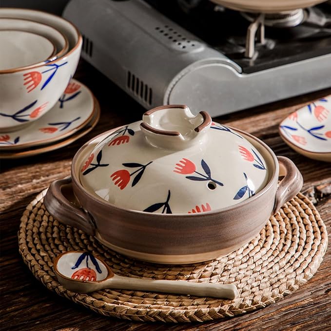 Ceramic Casserole, Japanese Clay Pot Donabe Stone Rice Pot With Lid, Earthen Pot Stockpot Ceramic Casserole Cooker Healthy Cookware Stove Pot Soup Hot Pot(Color:E)