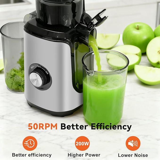 OLIXIS Cold Press Juicer, Masticating Juicer Machines with Wide Feed Chute, High Juice Yield and Easy to Clean for Whole Vegetables & Fruits, Silver