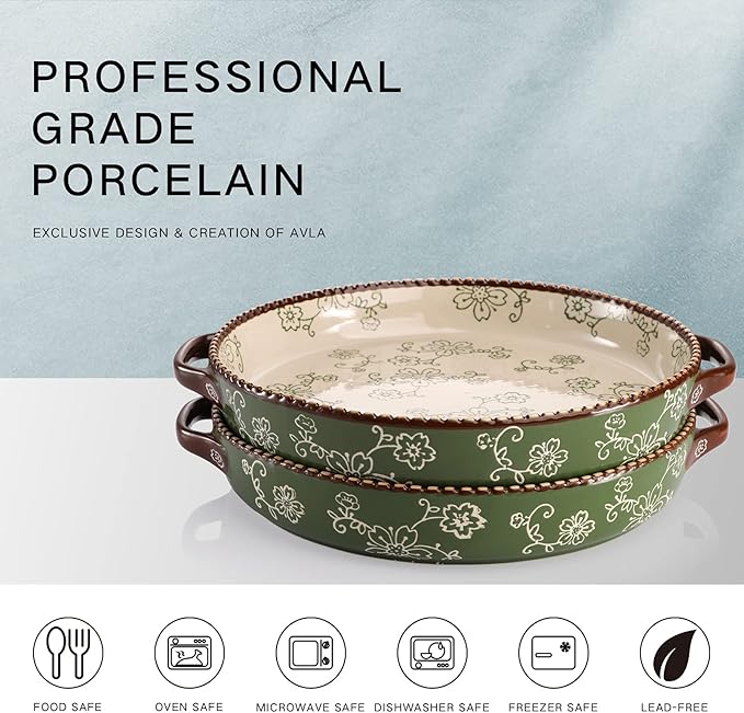 AVLA 2 Pack Ceramic Pie Pan, 9 Inch Round Baking Dish with Double Handle, 28 Ounce Deep Quiche Plate for Kitchen, Cooking, Roasting Lasagna (Sakura, Green)