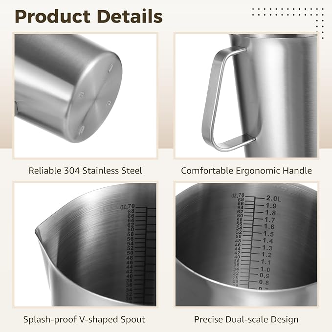 2 Pcs Stainless Steel Pitchers with Lids, 70 oz Measuring Cups with Dual-Scale Markings, Milk Frothing Jugs, Large Beakers for Espresso Machine, Hot/Cold Water, Latte Art, Iced Tea