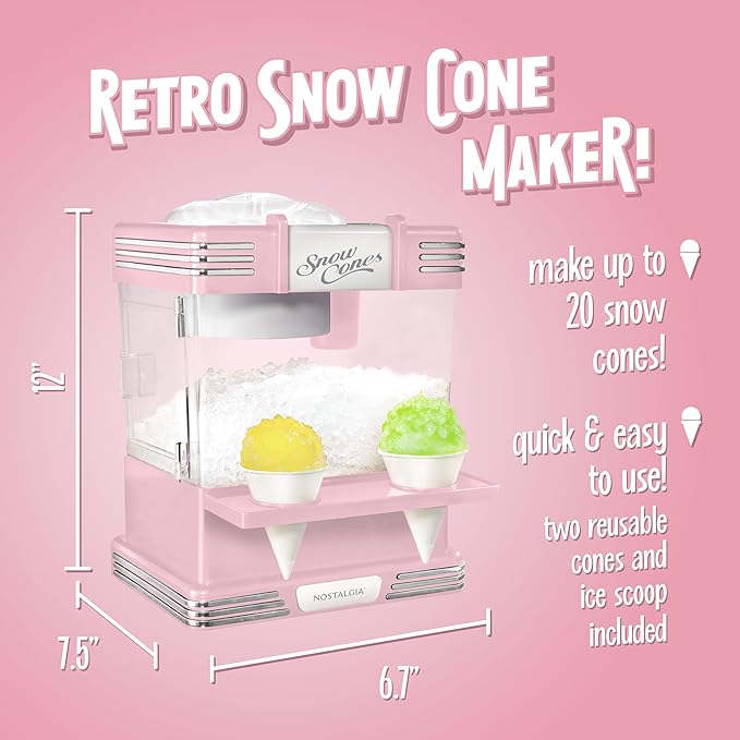 Nostalgia Retro Snow Cone Maker – Countertop 5-qt Shaved Ice Machine – Stainless Steel Blades – Includes 2 Reusable Cups, Ice Scoop, & Sid Shelf – Pink