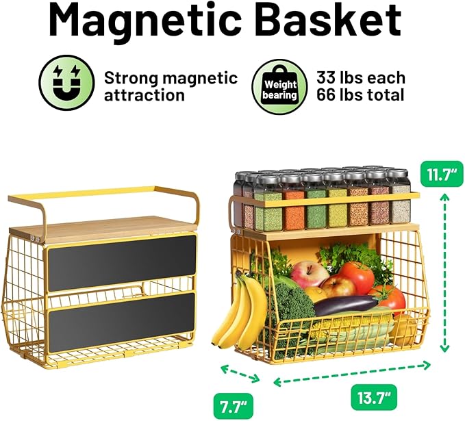 Magnetic Shelf for Fridge with Wood Lid, Fruit Potato and Onion Storage Bins, Pantry Organizers & Storage, Large Container Magnetic Spice Rack for Refrigerator, Kitchen Counter, Cabinet (Yellow, 1)