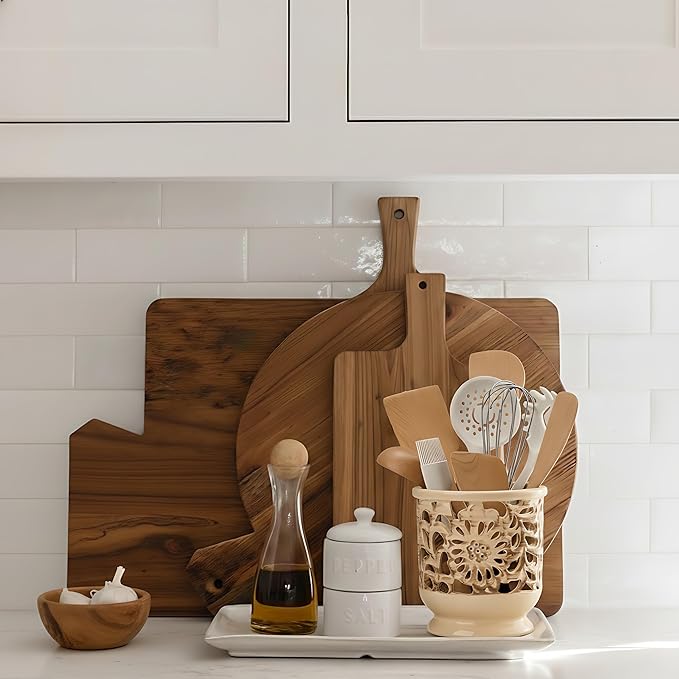 Farmhouse Kitchen Utensil Holder for Countertop, Ceramic Large Cooking Utensil Crock with Cork Mat, Decorative Rustic Utensil Holder for Kitchen Counter, Hollow Carving Flower, Beige