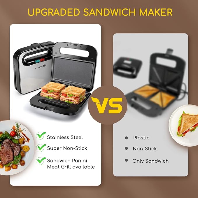 Aigostar Sandwich Maker, Non-Stick Panini Press Sandwich Maker Breakfast Grilled Cheese Maker, Stainless Steel Tostadora de Pan