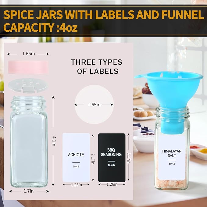 36 Glass Spice Jars with Labels, Spice Jar Set, 4oz Seasoning Containers, Spice Containers with Pink Airtight Lids and Shaker Lids, Square Empty Spice Bottles, 492 Labels, 1 Funnel