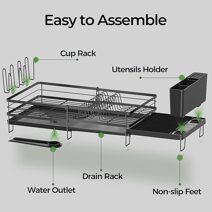 Large Dish Drying Rack, Expandable Dish Rack, Stainless Steel Dish Racks for Kitchen Counter, Multifunctional Dish Drainer with Utensil & Cup Holder, 13.4"-28.7" L x 11.8" W, Black