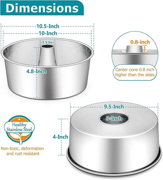 E-far Angel Food Cake Pan, 10-Inch Stainless Steel Tube Pan for Baking Pound Chiffon Cake, One-piece Design & Non-toxic, Dishwasher Safe