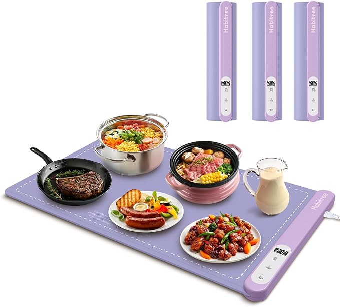 3-Pack Silicone Food Warming Mat & Food Warmers for Parties Buffet - Rapid Heating 6-Level Temp Control, Rollable Portable Easy Clean - Value Set for Gatherings & Home Daily Use（Purple）